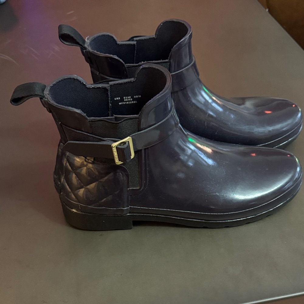 Hunter Black Quilted Ankle Rain Boots with Gold Buckle